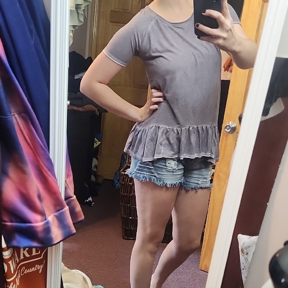 Gray Ruffle Hem Women's Top